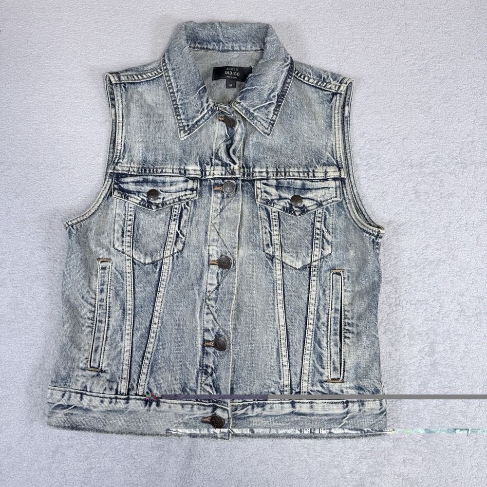 J Crew Vtg Style Blue Denim Biker Vest Button Front Pockets Medium A0970 SP14